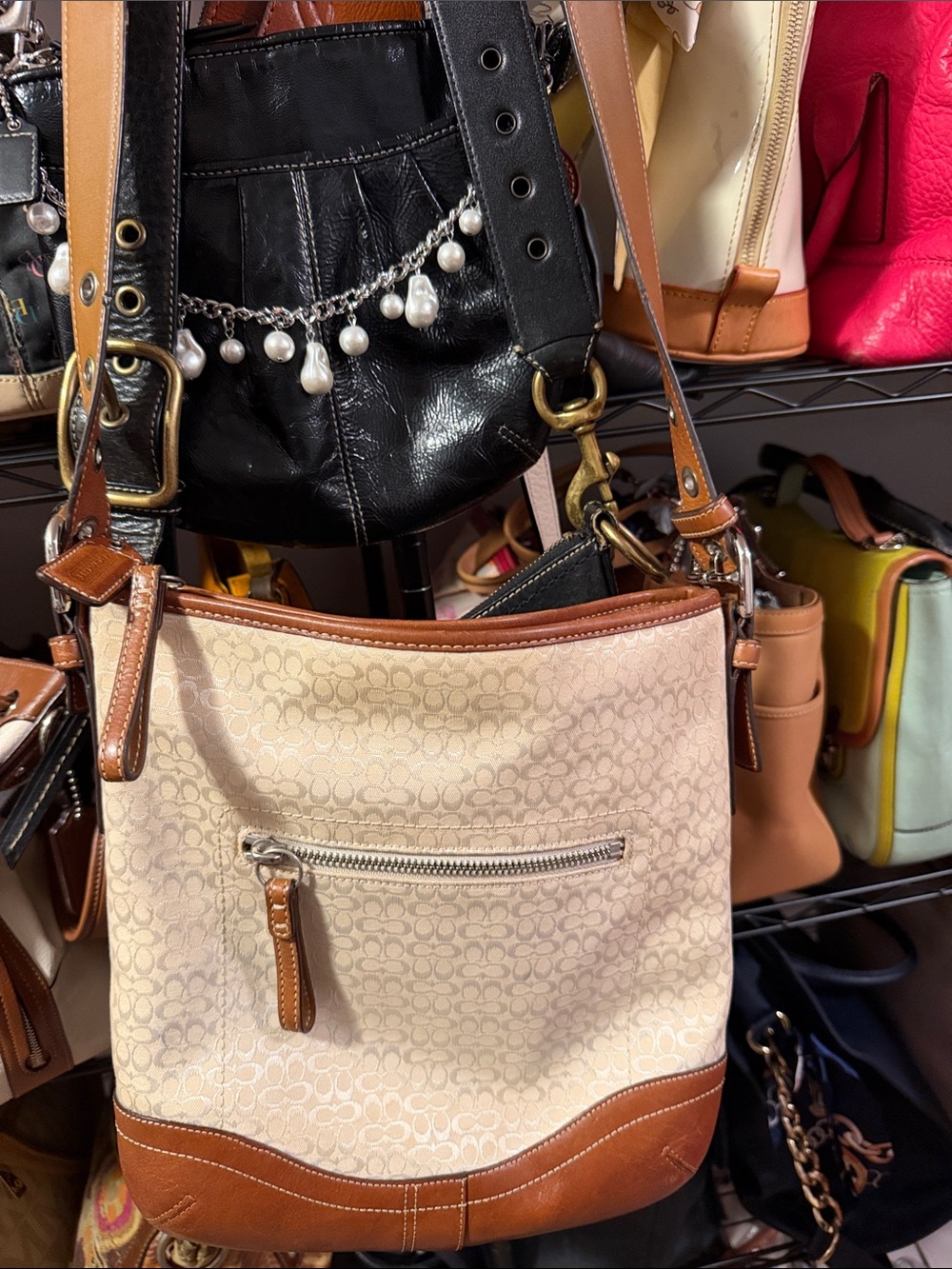 Coach Beige Signature Canvas Shoulder Bag with Tan Leather Trim